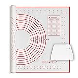 Silicone Baking Mat Non Slip Pastry Mat with Measurement Non Stick BPA Free Baking Mat Sheet for Rolling Dough Counter Cookies Pie, 24 x 16 Inches Red (with 1 Dough Scraper)