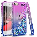 LeYi for iPod 7th Generation Case, iPod 6th Generation Case, iPod 5th Generation Case with [2 Pack] Tempered Glass Screen Protector for Girls Women, Glitter Liquid Clear Phone Case (Purple/Blue)
