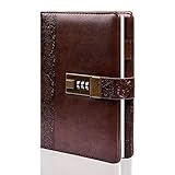 CAGIE Locking Journal for Adults Small Leather Binder Notebook, Journal with Lock, Combination Passwords, 6 Rings Refillable Embossed,7.2x5in,Brown