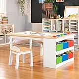 Guidecraft Arts and Crafts Center: Kids Activity Table and Drawing Desk with Stools, Storage Canvas Bins, Paper Roller, and Paint Cups | Toddlers Work Station - Children's Wooden Learning Furniture