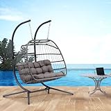 Double Egg Chair with Stand - 2 Person Hanging Egg Chair - Hand Made Rattan Wicker Egg Swing Chair Hammock Chair with UV Resistant Cushion & Aluminum Frame Indoor Outdoor (Dark Grey)