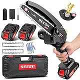 6-inch Mini Chainsaw,SeeSii Cordless Chainsaw w/ 2x2000mAh Batteries & Oiler System,Handheld Electric Chainsaw w/Safety Lock,Battery Powered Chainsaw for Wood Cutting Tree Trimming, CH600+