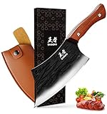 ENOKING Meat Cleaver Hand Forged Chef Knife High Carbon Steel Kitchen Butcher Knife with Full Tang Handle Leather Sheath Chopping Knife for Kitchen, Camping, BBQ (6.3 In)