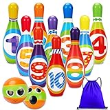 Kids Bowling Set Toddler Toys for 2 3 4 5 Years Old Boys Girls, 10 Indoor Colorful Soft Foam Pins 2 Bowling Ball Printed with Number Developmental Outdoor Toys Outside Valentine Gift for Baby Age 2-4