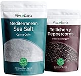 Viva Doria Tellicherry Black Peppercorn, Whole Black Pepper, Black Peppercorns, 12 Oz and Mediterranean Sea Salt, Coarse Grain, 2 lb, For Grinder Refills (2 Set)