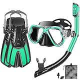 PIYAZI Mask Fin Snorkel Set, Snorkeling Gear with Short Fins for Adults with Panoramic View Mask, Dry Top Snorkel, Adjustable Swim Fins and Travel Bag, Adults Snorkel Gear for Swimming Snorkeling
