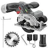 POPULO 12V Cordless Mini Circular Saw, Compact Power Circular Saw with 2 Saw Blades, 3-3/8” 1400RPM 2.0Ah Electric Circular Saw with Guide Ruler Ideal for Wood and Plastic Cuts