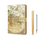Vintage Old Map Diary with Lock,A5 Locking Journal Pu Leather Refillable Writing Notebook with Lock Combination Password Personal Lock Journal with Pen&Gift Box Secret Lock Diary for Adults Men,Women.