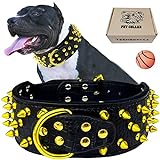 TEEMERRYCA Wide Leather Spiked Studded Black Dog Collars with Gold Studs for Medium Large Breed Girl Boy Pet, Pitbulls/Bulldog/Doberman/German Shepard, Perfect to Protect Your Dog's Neck, L(20.8'-24')