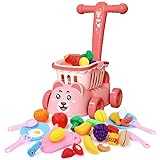 deAO Shopping Cart for Toddlers Groceries Toy 35 PCS Cutting Play Foods Kids Mini Shopping Set with Food Fruit Vegetables 2 in 1 Trolley Educational Learning Kitchen Toy for Boys Girls (Pink)