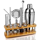 Mixology bartender kit,16-Piece Silver Bartender Kit with Stand, Stainless Steel Bar Set Perfect for Drink Mixing at Home, Cocktail Shaker Set Include Martini Shaker and Bar Accessories & Recipe Cards
