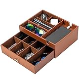 ProCase Double Layer Valet Tray for Dad, Nightstand Organizer EDC Dump Catchall Trays with Phone Charging Station, Dresser Top Table Beside Entryway Storage Box- Brown