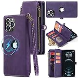 CaseMe Logo View for iPhone 13 Pro Max Magsafe Wallet Case Credit Card Holder, PU Leather Flip Lanyard Strap Wristlet Zipper Wireless Charging Women Men for iPhone 13 Pro Max Phone case(Deep Purple)