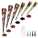 Temporary Tattoos Kit, 6Pcs Semi Permanent Tattoo Paste Cones, India Body DIY Art Painting for Women Men Kids, Summer Trend Freehand Plaste with 3 Colors,20Pcs Adhesive Stencil,1Pc Bottle,4Pcs Nozzles