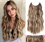 Halo Hair Extensions 20 Inch Invisible Wire Long Wavy Brown with Blonde Hair Extensions for Women Adjustable Size Hairpiece 4 Clips in Hair Extension (Light Brown with Blonde)