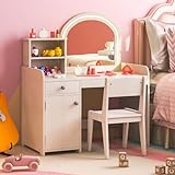 Costzon Kids Vanity with Lights, 2 in 1 Princess Makeup Desk & Chair Set with Lighted Mirror, Drawer, Storage Shelves & Cabinet, Toddler Dressing Table, Pretend Play Vanity Set for Little Girls, White