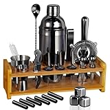 26-Piece Bartender Kit Cocktail Shaker Set | Stainless Steel Bar Set with Bamboo Stand Bar Tools Cocktail Kit for Christmas Drink Mixing,Home,Bar,Party, Gift Bartending Kit(Black)