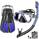 PIYAZI Mask Fin Snorkel Set, Snorkeling Gear with Fins for Adults with Panoramic View Mask, Dry Top Snorkel, Adjustable Swim Fins and Travel Bag, Man Woman Snorkel Gear for Swimming Snorkeling Diving