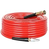 Hromee 1/4-Inch x 100 Feet Polyurethane Air Hose with Bend Restrictors PU Compressor Hose with 1/4' Industrial Quick Coupler and Plug Kit, Red