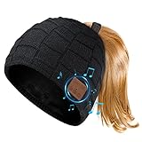 Bluetooth Beanie for Women with Ponytail Hole - Wireless Knitted Beanie Hat with Bluetooth Headphones Built-in Microphone, Winter Warm Hat Stocking Stuffers Black