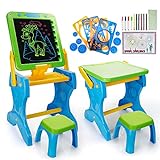 Kids Table & Chair Set,Kids Art Easels,2 in 1 LED Doodle Board,Foldable Writing Tablet,Dry Erase Painting Board with Stand,Drawing Board for Kids,Toddler Learning Table for Drawing Art Playroom