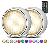 LED Puck Lights with Remote Control, Battery Operated Wireless Closet Lights, Under Cabinet Lights Stick on Tap Light Push Lights, Color Changing Under Counter Lights for Kitchen, 2 Pack - White