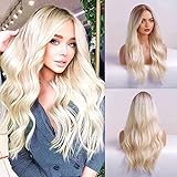 ISHINE Curly Wig, Middle Part Natural Looking Synthetic Wig, Long Wavy Wigs, Hair Replacement Wigs for Daily Cosplay Party Halloween Costume 24 inch (Platinum Blonde with Dark Root)