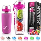 Zulay (34oz Capacity) Fruit Infuser Water Bottle With Sleeve - Anti-Slip Grip & Flip Top Lid Infused/Infusion Water Bottles for Women & Men Flamingo Pink