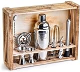 Mixology Bartender Kit: 11-Piece Bar Tool Set with Rustic Wood Stand - Perfect Home Bartending Kit and Cocktail Shaker Set For an Awesome Drink Mixing Experience (Silver)