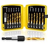 TOPEC Tap Bit Set, 3-in-1 HSS Titanium Coated Drill Tap Combination, 13 PCS SAE/Metric Threading tap Drill bit Set with 1/4 Inch Hex Shank, and Quick-Change Adapter