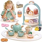 Atoylink Wooden Tea Party Set for Little Girls 28 Pcs Toddler Tea Set with Cupcake Stand & Food Pretend Play Accessories Kids Kitchen Playset Wooden Toys for 2 3 4 5 6 Year Old Girl Birthday Gift