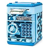 ATM Piggy Bank for Boys Girls, Vcertcpl Mini ATM Coin Bank Money Saving Box with Password, Kids Safe Money Jar for Adults with Auto Grab Bill Slot, Great Gift Toy Bank for Kids (Camouflage Light Blue)