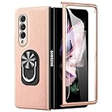 Caka for Z Fold 3 Case, Galaxy Z Fold 3 Case with Kickstand Built-in Screen Protector PU Leather Magnetic Ring Stand Full Body Case for Samsung Galaxy Z Fold 3 5G- Rose Gold