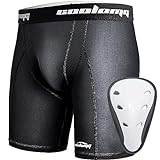 COOLOMG Youth Boys Compression Shorts with Protective Cup Sliding Underwear for Baseball Lacrosse Football Black M