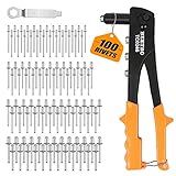 BEETRO Heavy Duty Hand Riveter, Rivet Gun, 3/32'-1/8'-5/32'-3/16', 4 Nosepieces Set Includes 100pcs Rivets, Durable and Suitable for Metal, Plastic and Leather