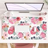 Colorful Star Large Mouse Pad, Pink Floral Desk Mat for Desktop, Women Girls PU Leather Waterproof Gaming Mousepad, Computer PC Laptop Protector Writing Pads for School Office Home 31.5' x 15.7'