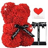 Gifts for Women - Rose Bear - Rose Flower Bear Hand Made Rose Teddy Bear - Gift for Valentines Day, Mothers Day, Wedding and Anniversary & Bridal Showers - w/Clear Clear Gift Box 10 Inch (Red)