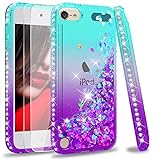 iPod Touch 7th / 6th / 5th Generation Case with [2 Pack] Tempered Glass Screen Protector for Girls Kids, LeYi Glitter Bling Liquid Cute TPU Clear Gradient Phone Case for iPod Touch 7 6 5 (Teal/Purple)