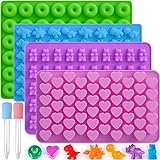 Sakolla Gummy Candy Molds Silicone with 2 Droppers Pack of 4 Mini Silicone Molds Including Dinosaur, Bear Shape, Hearts and Donut Gummie Chocolate Molds for Kids