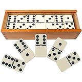 Dominoes Set- 28 Piece Double-Six Ivory Domino Tiles Set, Classic Numbers Table Game with Wooden Carrying/Storage Case by Hey! Play! (2-4 Players) , Brown