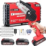 Mini Chainsaw, RLSOO Upgraded 4-Inch Battery Powered Cordless Chainsaw, Portable One-Handed Rechargeable Electric Chainsaw for Tree Trimming Branch Wood Cutting（2 Batteries, 3 Chains Included）