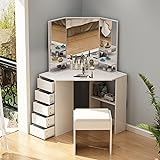 MELLCOM Corner Vanity Desk Makeup Table Set,Dressing Table with 5 Drawers and 3 Mirrors, Tri-Fold Mirror Vanity with Stool for Bedroom,Bathroom,White