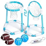 Madzee 2-in-1 Swimming Pool Floating Pool Basketball Hoop and Football Set - Poolside Set with 4 Inflatable Balls and Pump, Fun Summer Toy for Kids and Adults