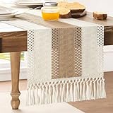 ZeeMart Macrame Style Bicolor Stitching Table Runner, 14 x 72 Inch Brown/Ivory, Boho Table Runners 72 Inches Long, Farmhouse Woven Home Decor