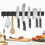 Dmore magnetic knife holder for wall—with 3 hooks, No Drilling 16 Inch black knife magnetic strip, Powerful knife magnet rack, include Adhesive Tape and screws for Knives, Utensils, and Tools