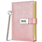 Lock Diary for Woman, Leather Locking Journal with Pen,Gold Gilded Edges Writing Notebook Combination Locked Journal Planner Agenda Personal Diary with Gift Box(Pink)