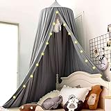 Hommi Lovvi Bed Canopy for Girls, Princess Canopy for Girls Bed, Nursery Crib Canopy for Kids Room Decor, Extra Large Hanging Girls Canopy Full Size Play Tent Reading Corner with String Light - Grey