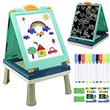 Table Art Easel for Kids, Double Sided Foldable Tabletop Drawing Easels Chalkboard Desk with Graffiti and Board Game Accessories Supplies for Boys and Girls (Blue)