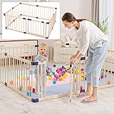 Baby Playpen Kids Fence with Safety Gate, Safety and Anti-Drop Function, Activity Play Center, Safety Play Yard Indoor Outdoor Pure Wooden Baby Playpen