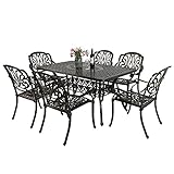 VIVIJASON 7-Piece Patio Furniture Dining Set, All-Weather Cast Aluminum Outdoor Conversation Set, Include 6 Chairs and a Rectangle Table with Umbrella Hole for Balcony Lawn Garden Backyard